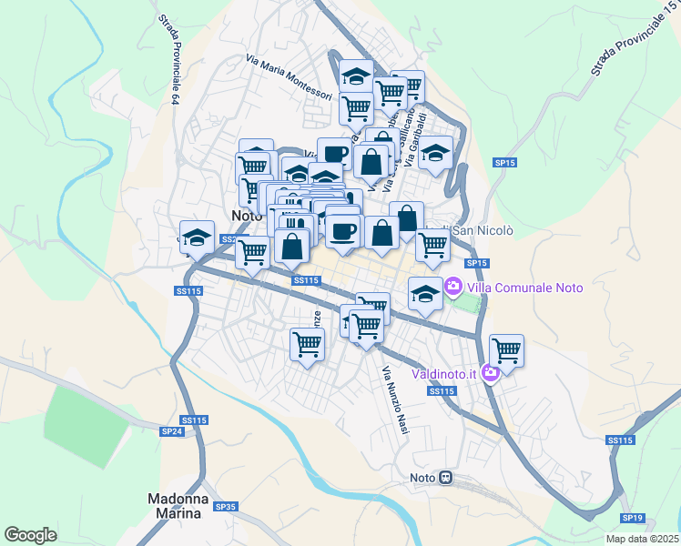 map of restaurants, bars, coffee shops, grocery stores, and more near 7 Via Arnaldo da Brescia in Noto