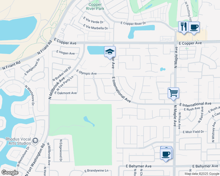 map of restaurants, bars, coffee shops, grocery stores, and more near 1381 East Waldon Lane in Fresno