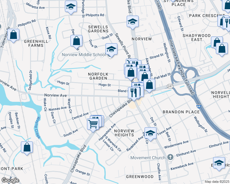 map of restaurants, bars, coffee shops, grocery stores, and more near 1101 Hugo Street in Norfolk