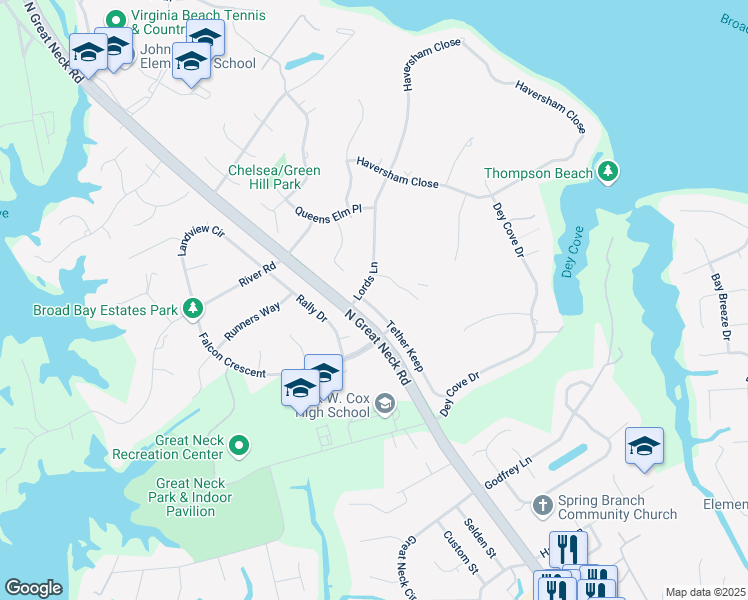 map of restaurants, bars, coffee shops, grocery stores, and more near 2113 Lords Landing in Virginia Beach