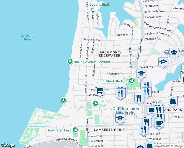 map of restaurants, bars, coffee shops, grocery stores, and more near 5231 Rolfe Avenue in Norfolk
