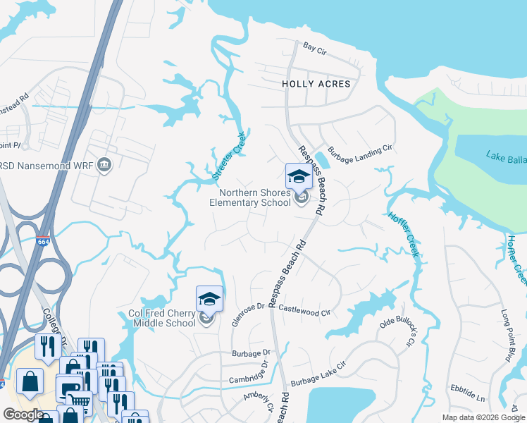map of restaurants, bars, coffee shops, grocery stores, and more near 6424 Aberdeen Place in Suffolk