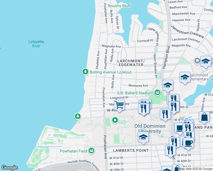 map of restaurants, bars, coffee shops, grocery stores, and more near 1545 Bolling Avenue in Norfolk
