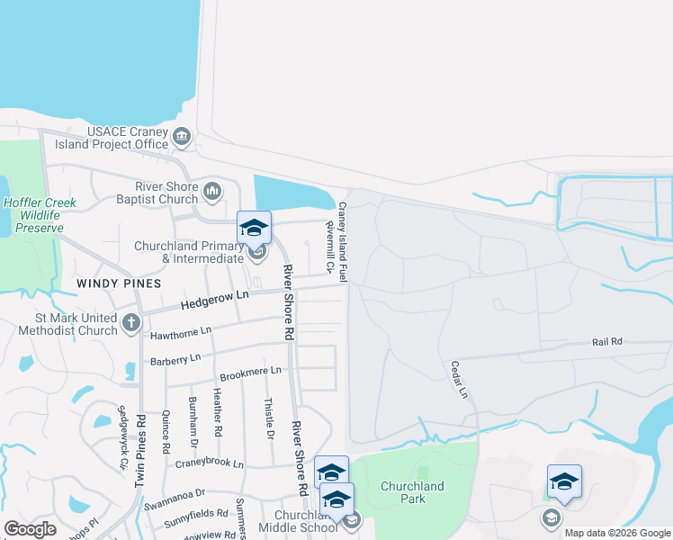 map of restaurants, bars, coffee shops, grocery stores, and more near 5678 Rivermill Circle in Portsmouth