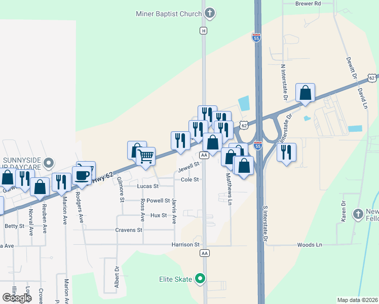 map of restaurants, bars, coffee shops, grocery stores, and more near 2525 East Malone Avenue in Sikeston