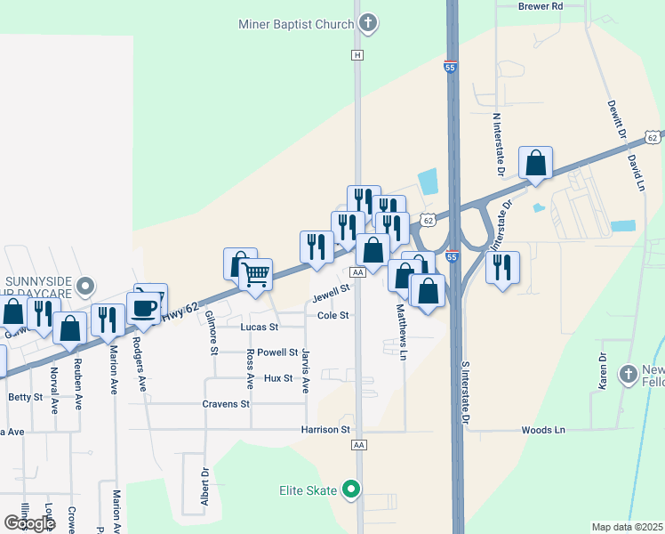 map of restaurants, bars, coffee shops, grocery stores, and more near 2525 East Malone Avenue in Sikeston