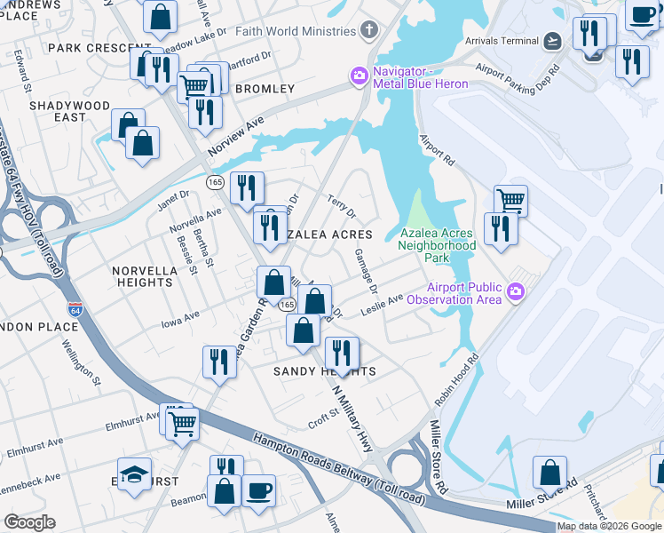 map of restaurants, bars, coffee shops, grocery stores, and more near 3460 Fletcher Drive in Norfolk