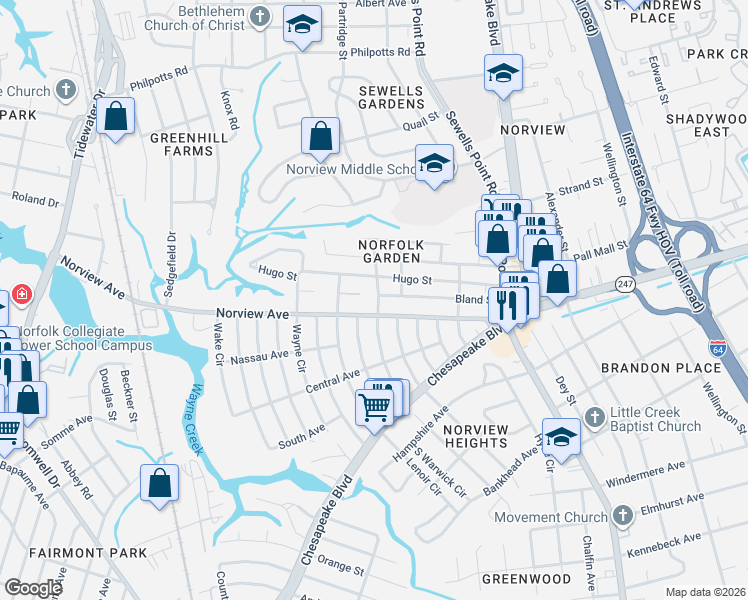 map of restaurants, bars, coffee shops, grocery stores, and more near 6113 Pamlico Circle in Norfolk