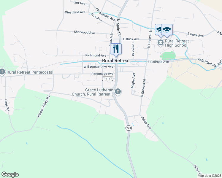 map of restaurants, bars, coffee shops, grocery stores, and more near 431-461 S Main St in Rural Retreat