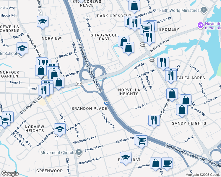 map of restaurants, bars, coffee shops, grocery stores, and more near 5218 Norvella Avenue in Norfolk