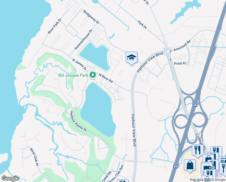 map of restaurants, bars, coffee shops, grocery stores, and more near 601 Lakeside Drive in Suffolk