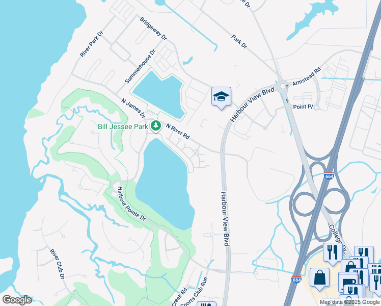 map of restaurants, bars, coffee shops, grocery stores, and more near 601 Lakeside Drive in Suffolk
