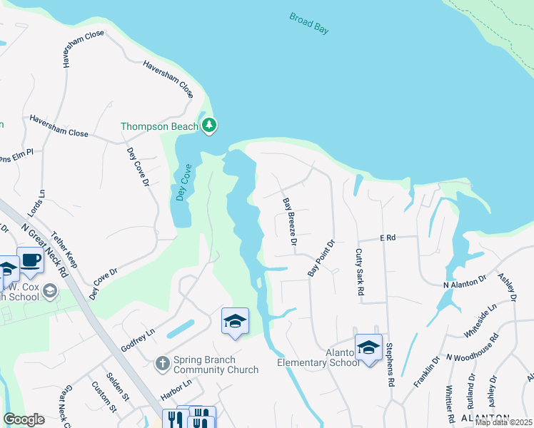 map of restaurants, bars, coffee shops, grocery stores, and more near 2024 Bay Breeze Cove in Virginia Beach
