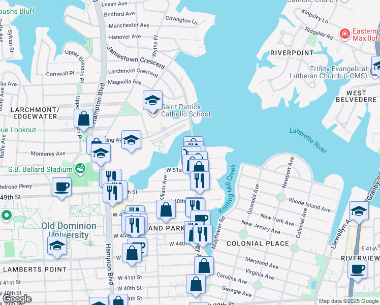 map of restaurants, bars, coffee shops, grocery stores, and more near 5215 Colley Ave in Norfolk