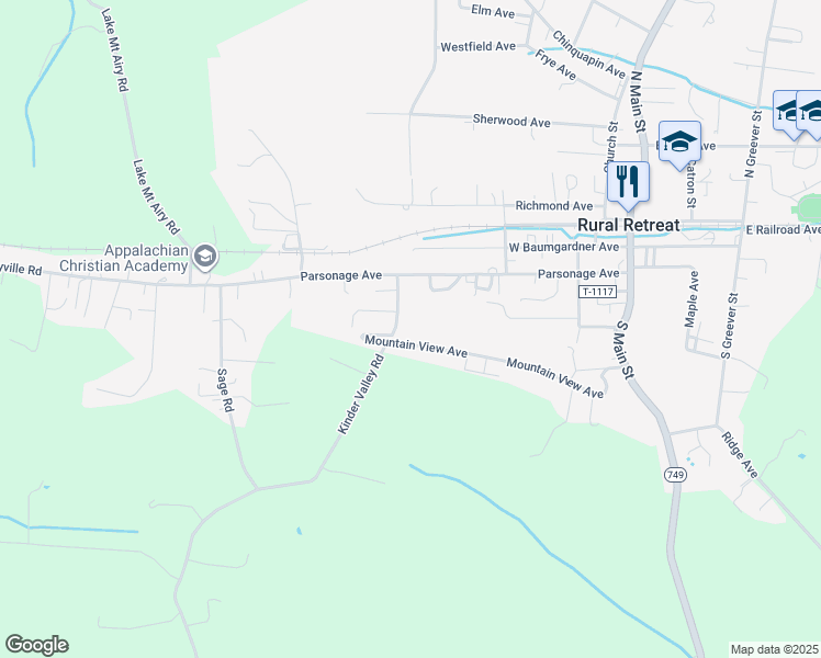 map of restaurants, bars, coffee shops, grocery stores, and more near 415 Mountain View Avenue in Rural Retreat