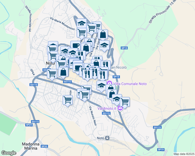 map of restaurants, bars, coffee shops, grocery stores, and more near 27 Via Archimede in Noto