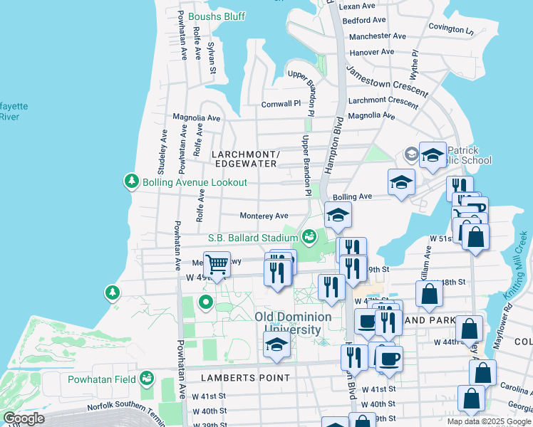 map of restaurants, bars, coffee shops, grocery stores, and more near 1356 Monterey Avenue in Norfolk