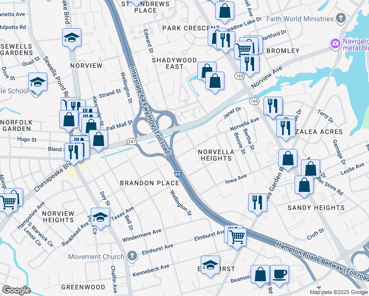 map of restaurants, bars, coffee shops, grocery stores, and more near 5218 Norvella Avenue in Norfolk