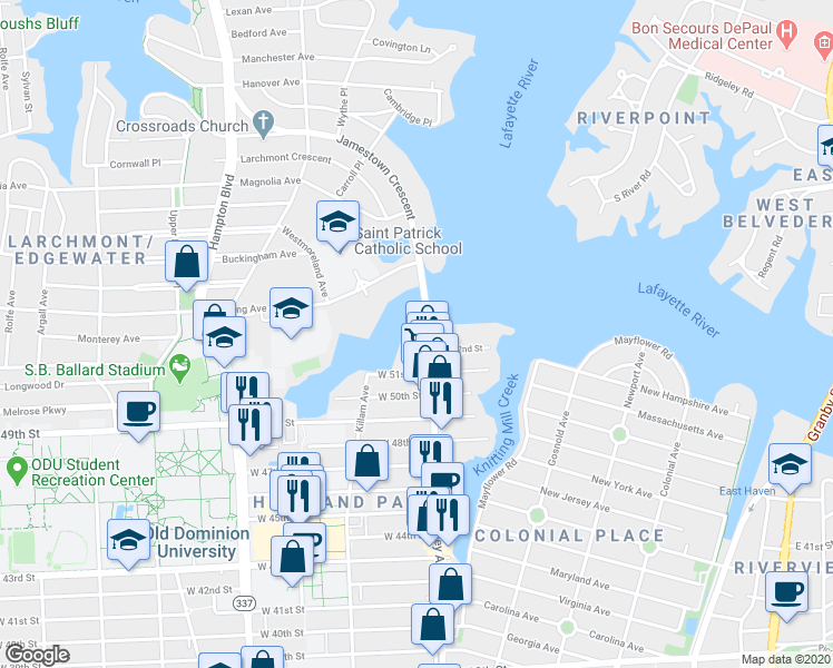 map of restaurants, bars, coffee shops, grocery stores, and more near 5215 Colley Ave in Norfolk