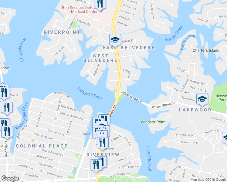 map of restaurants, bars, coffee shops, grocery stores, and more near 113 Willow Grove Court in Norfolk