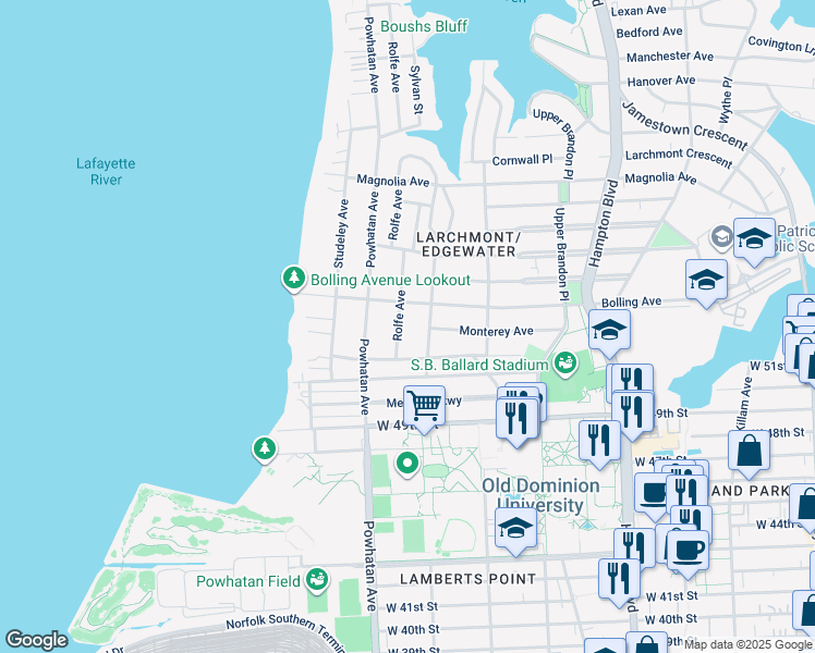map of restaurants, bars, coffee shops, grocery stores, and more near 5226 Rolfe Avenue in Norfolk