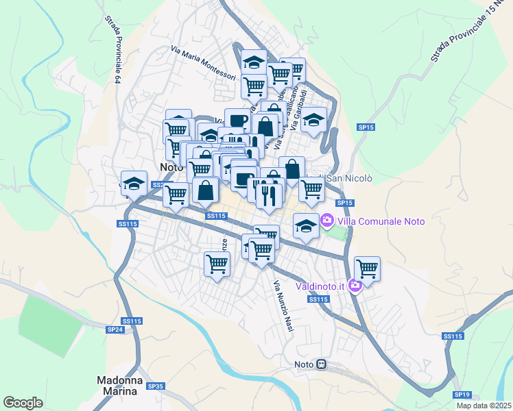 map of restaurants, bars, coffee shops, grocery stores, and more near 12 Via Silvio Spaventa in Noto