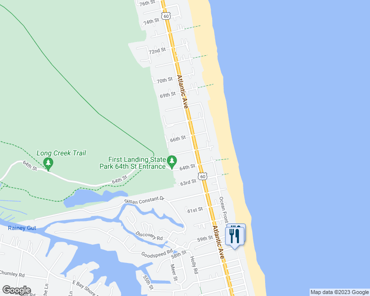 map of restaurants, bars, coffee shops, grocery stores, and more near 207 65th Street in Virginia Beach
