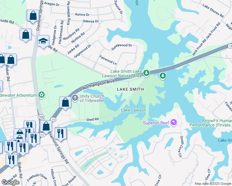 map of restaurants, bars, coffee shops, grocery stores, and more near 5344 Pandoria Avenue in Virginia Beach
