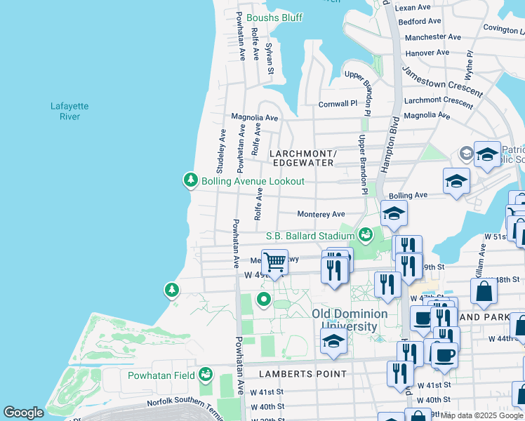map of restaurants, bars, coffee shops, grocery stores, and more near 5226 Rolfe Avenue in Norfolk
