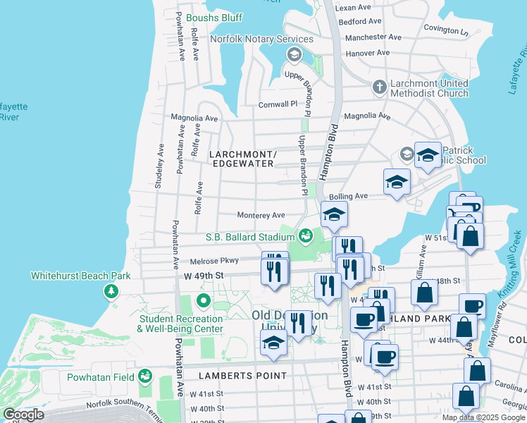 map of restaurants, bars, coffee shops, grocery stores, and more near 1356 Monterey Avenue in Norfolk