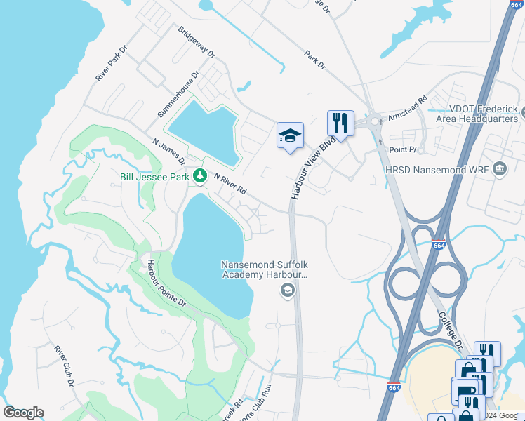 map of restaurants, bars, coffee shops, grocery stores, and more near 102 East Wavey Court in Suffolk