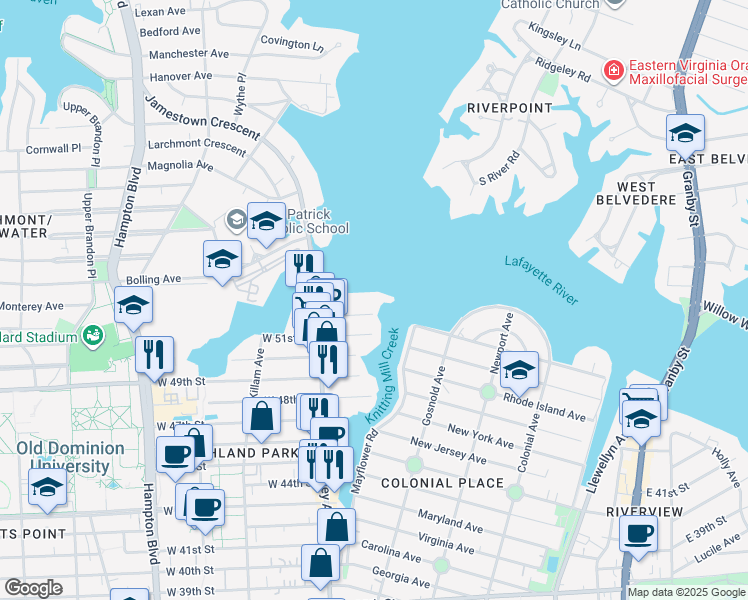 map of restaurants, bars, coffee shops, grocery stores, and more near 750 West 52nd Street in Norfolk