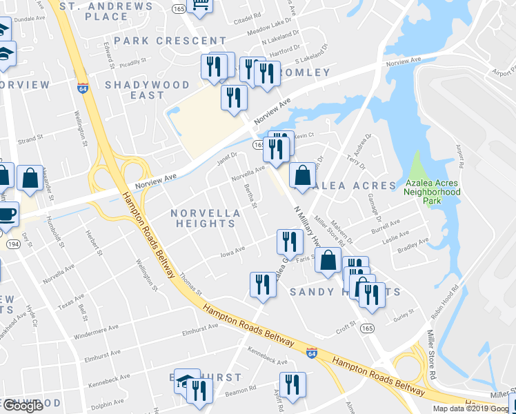 map of restaurants, bars, coffee shops, grocery stores, and more near 3500 Waycross Road in Norfolk