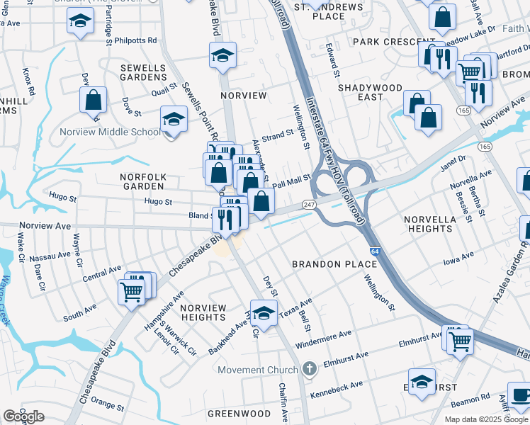 map of restaurants, bars, coffee shops, grocery stores, and more near 6115 Alexander Street in Norfolk