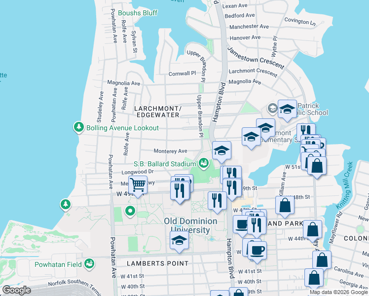 map of restaurants, bars, coffee shops, grocery stores, and more near 1335 Bolling Avenue in Norfolk