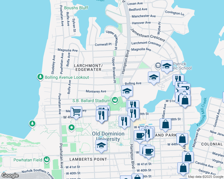 map of restaurants, bars, coffee shops, grocery stores, and more near 1306 Monterey Avenue in Norfolk