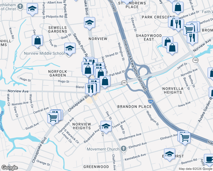 map of restaurants, bars, coffee shops, grocery stores, and more near 6115 Alexander Street in Norfolk