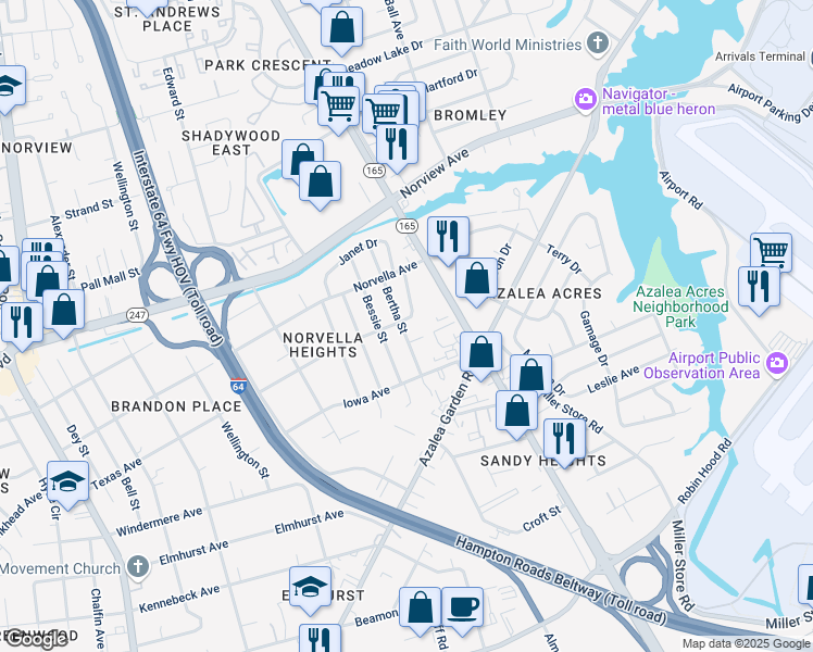 map of restaurants, bars, coffee shops, grocery stores, and more near 3500 Waycross Road in Norfolk