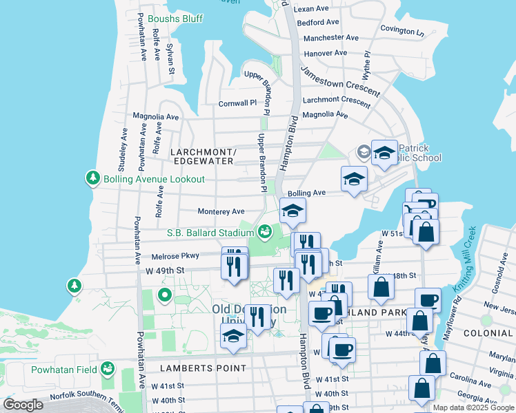 map of restaurants, bars, coffee shops, grocery stores, and more near 1306 Monterey Avenue in Norfolk