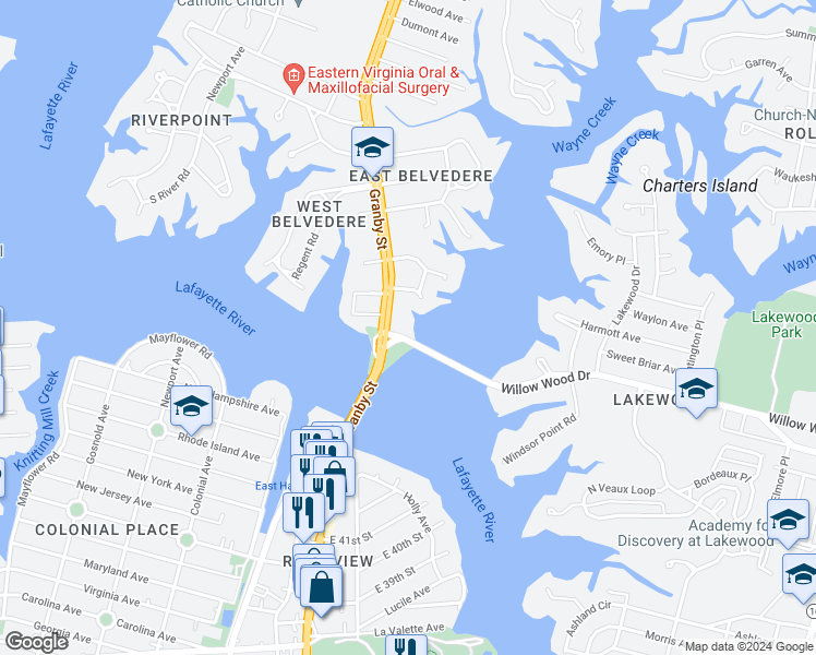 map of restaurants, bars, coffee shops, grocery stores, and more near 104 Willow Wood Drive in Norfolk