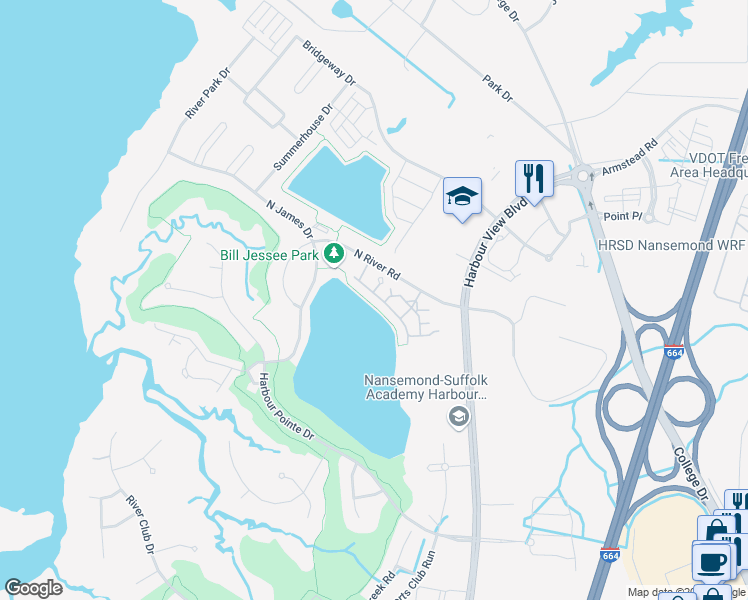 map of restaurants, bars, coffee shops, grocery stores, and more near 1902 Waters Edge Lane in Suffolk