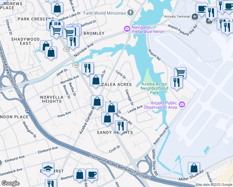 map of restaurants, bars, coffee shops, grocery stores, and more near 5737 Roper Drive in Norfolk