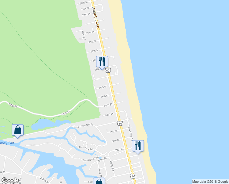 map of restaurants, bars, coffee shops, grocery stores, and more near 123 65th Street in Virginia Beach