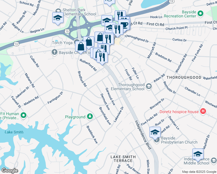 map of restaurants, bars, coffee shops, grocery stores, and more near 1533 Lakeview Drive in Virginia Beach