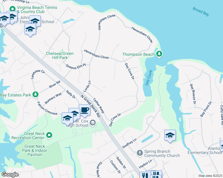 map of restaurants, bars, coffee shops, grocery stores, and more near 1700 Middlemost Key in Virginia Beach