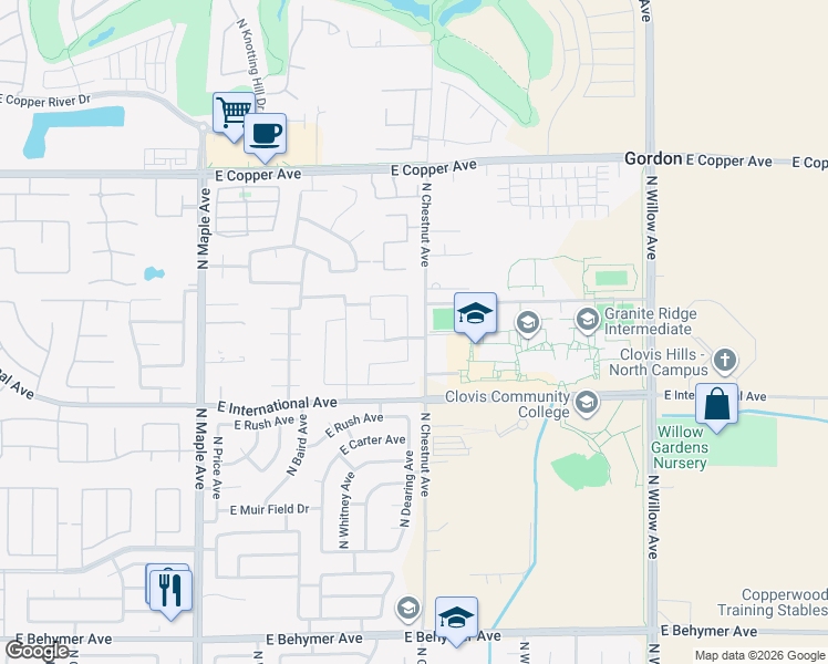 map of restaurants, bars, coffee shops, grocery stores, and more near 10612 North Dearing Avenue in Fresno