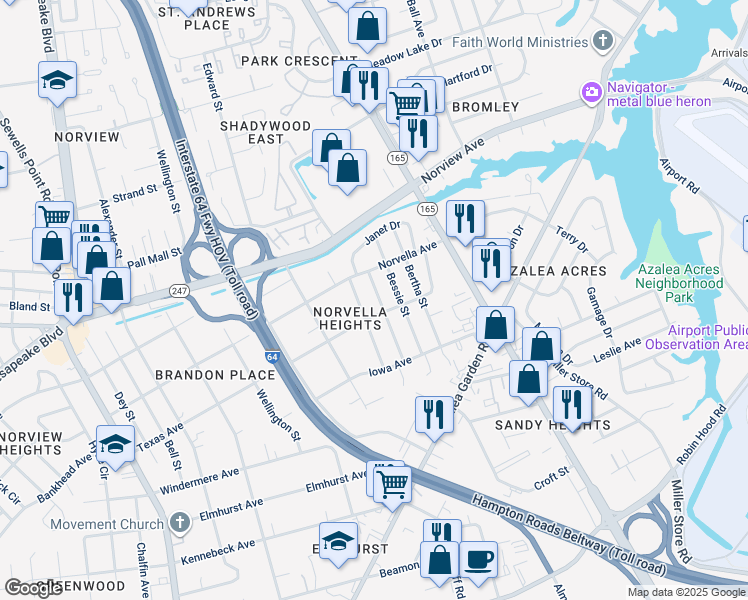 map of restaurants, bars, coffee shops, grocery stores, and more near 3509 Thurston Street in Norfolk