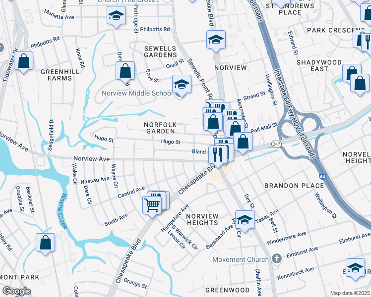 map of restaurants, bars, coffee shops, grocery stores, and more near 1071 Hugo Street in Norfolk