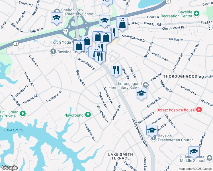 map of restaurants, bars, coffee shops, grocery stores, and more near 1533 Lakeview Drive in Virginia Beach