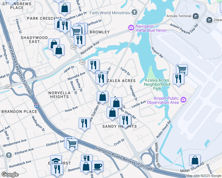 map of restaurants, bars, coffee shops, grocery stores, and more near 5737 Andrea Drive in Norfolk